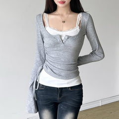 Double Layer Ruched Side Long Sleeve Top