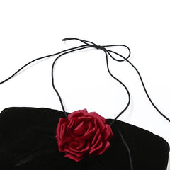 Black Velvet Halter Top with Red Rose Embellishment