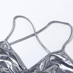 Metallic Silver Ruched Halter Crop Top