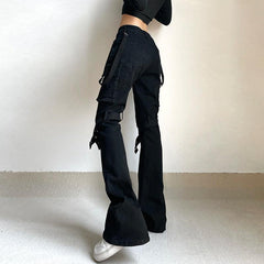 Black Strap-Detail Cargo Flare Pants