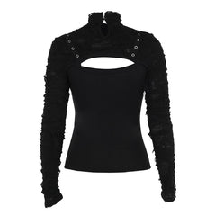 Gothic Cutout High-Neck Long Sleeve Top with Ruffled Texture