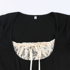 Lace Trim Ribbon-Tie Puff Sleeve Top