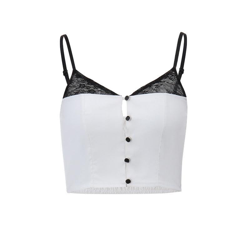 Conjunto de top de tirantes con empalme en blanco y negro y falda escalonada de cintura alta