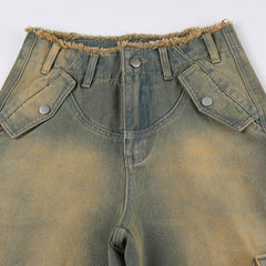 Vintage-Wash Raw Waistband Jeans