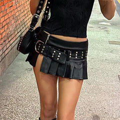 Edgy Faux Leather Pleated Mini Skirt with Belt