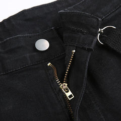 Black Strap-Detail Cargo Flare Pants