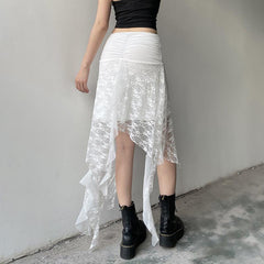 Asymmetrical Textured Lace Ruffled  Midi Skirt