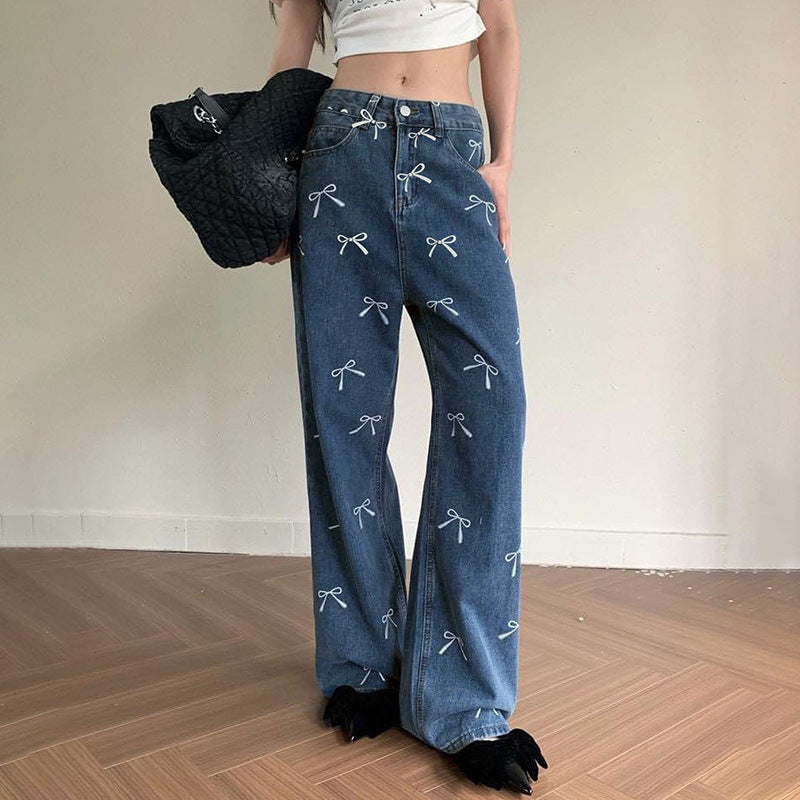 Embroidered Bow Wide-Leg Jeans