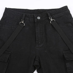 Black Strap-Detail Cargo Flare Pants