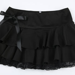 Layered Mini Skirt with Lace and Bow Detail