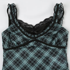 Plaid Mesh Lace Detail Cami Top