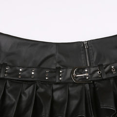 Edgy Faux Leather Pleated Mini Skirt with Belt