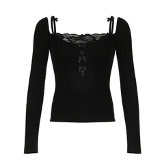 Blusa de manga larga con detalle de lazo y ribete de encaje