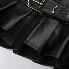 Edgy Faux Leather Pleated Mini Skirt with Belt