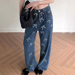 Embroidered Bow Wide-Leg Jeans