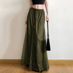 Lace Panel Zip-Slit Drawstring Maxi Skirt