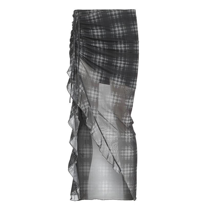 Asymmetrical plaid ruffle skirt with drawstring detail and high-waist fit.