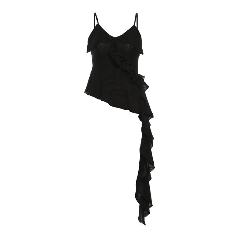 Asymmetrical spaghetti strap top with cascading ruffles in a lightweight fabric, creating an elegant and flowing look.

