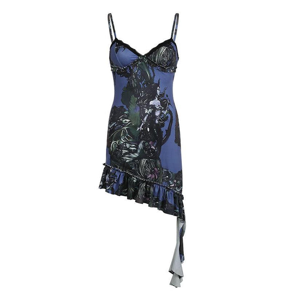 Asymmetrical ruffled hem dress with a bold graphic print, ideal for parties and night-outs.