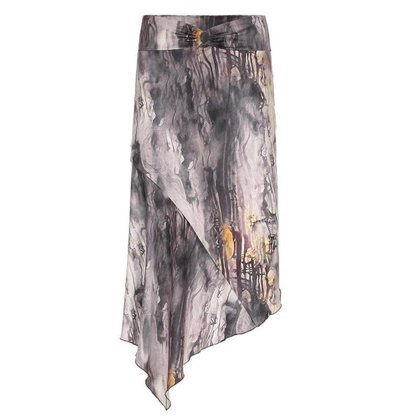 Asymmetrical midi skirt with watercolor print and a gathered waist detail.