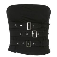 Belted bandeau top with multiple buckle details and a body-hugging fit for a bold and edgy look

