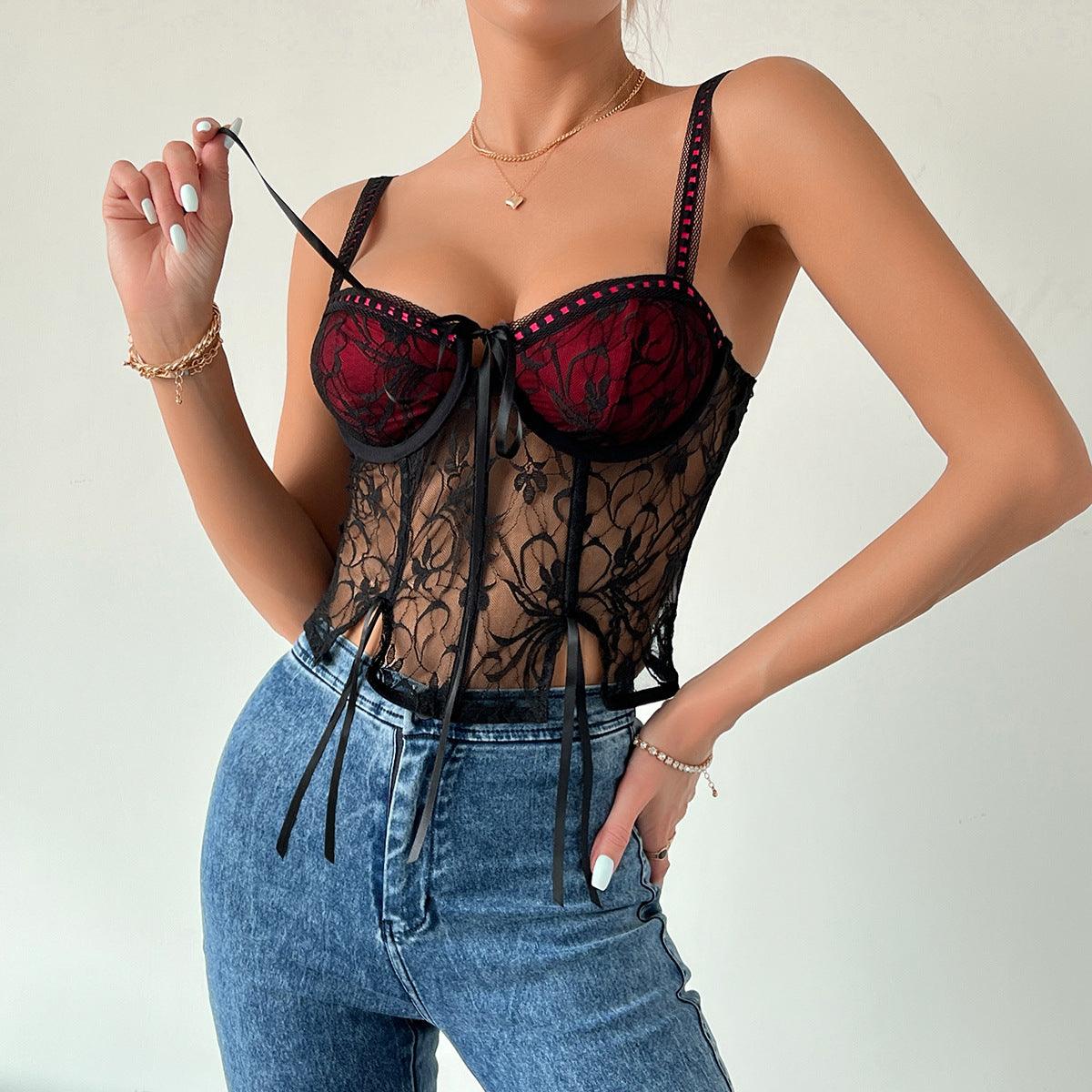 Black and red lace bustier cami top with a fitted, seductive design, perfect for night outs or special events.