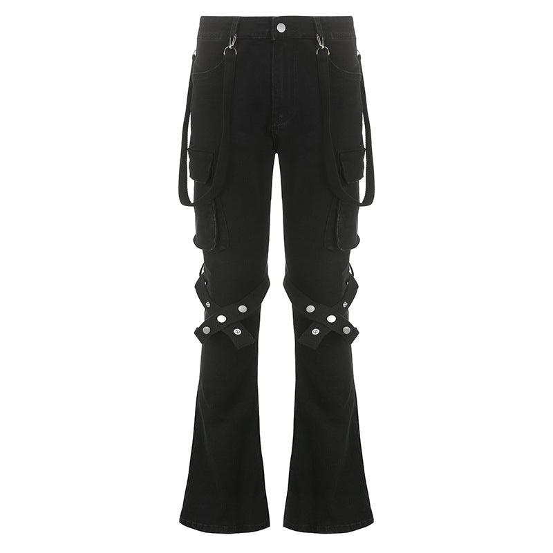 Black strap-detail cargo flare pants, featuring industrial-inspired details, perfect for streetwear looks.