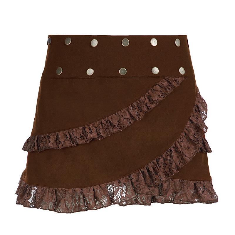 Brown Ruffled Mini Skirt With Metal Buttons Playful and Edgy Vintage Style BlackMoony