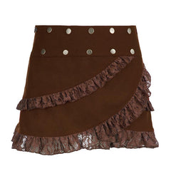 Brown ruffled mini skirt with metal buttons and lace trim, offering a vintage yet edgy look for casual and dressy occasions.