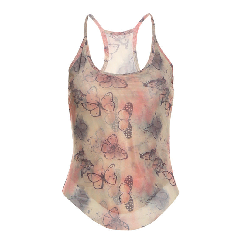 Sheer tank top with an all-over butterfly print and racerback design, perfect for creating a dreamy, feminine outfit.