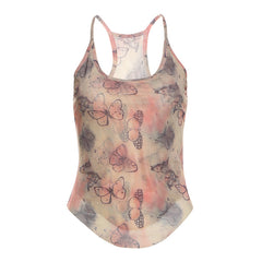 Sheer tank top with an all-over butterfly print and racerback design, perfect for creating a dreamy, feminine outfit.