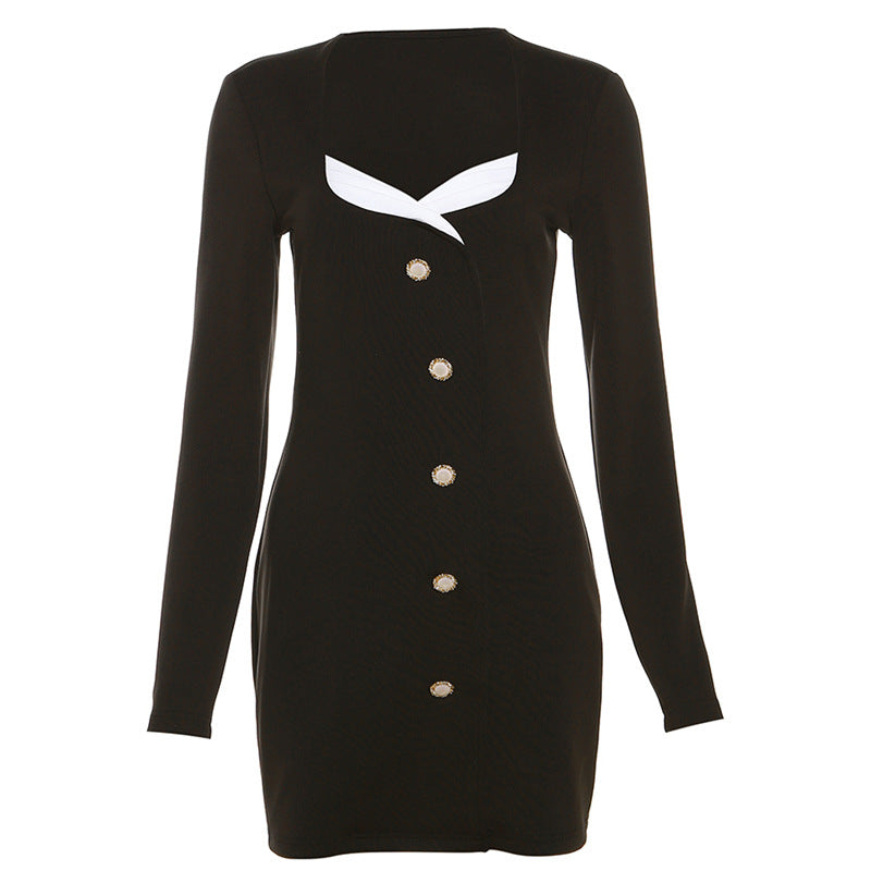 Elegant button-up blazer mini dress with gold-tone buttons, long sleeves, and contrasting inner neckline detail.