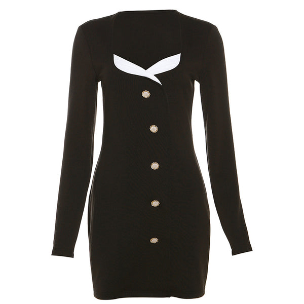 Elegant button-up blazer mini dress with gold-tone buttons, long sleeves, and contrasting inner neckline detail.