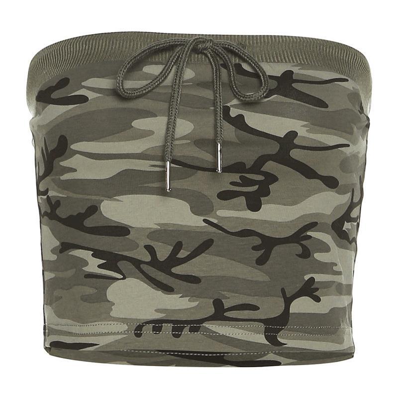 Strapless camouflage print tube top with ribbed trim and adjustable drawstring, perfect for casual and urban streetwear styles.