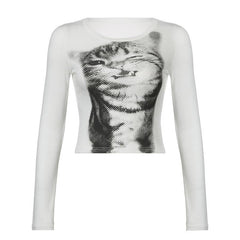 Slim fit long sleeve top with a bold black-and-white cat graphic, perfect for a cute and edgy casual look