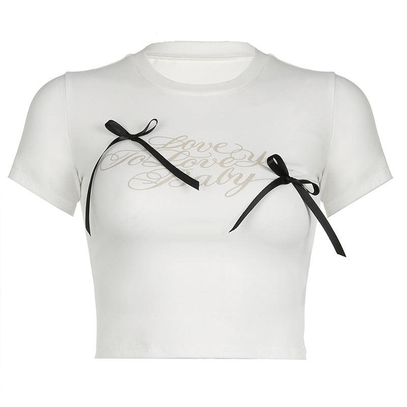 Cropped T-shirt with bow details and "Love You Baby" graphic for a cute and playful look

