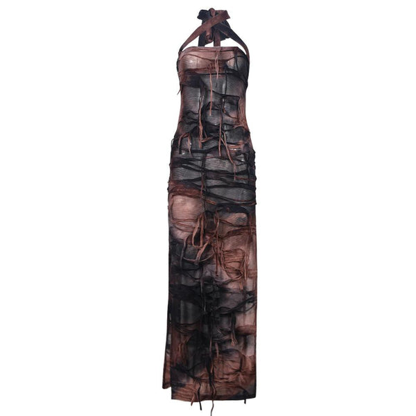 Cross front tie-dye slit mesh dress with a trendy and sexy design, perfect for parties or dinners.

