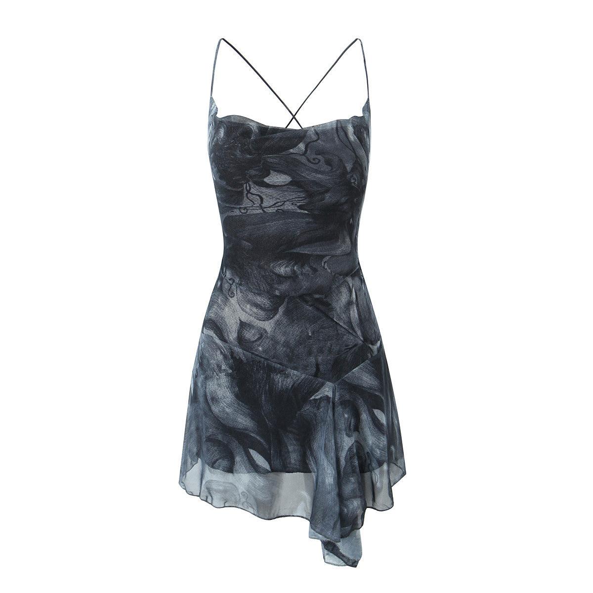 Dark floral asymmetrical cami dress with a lightweight, seductive design, perfect for night parties.

