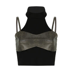 Double layer halter crop top with a faux leather bust overlay and ribbed fabric for an edgy, modern look