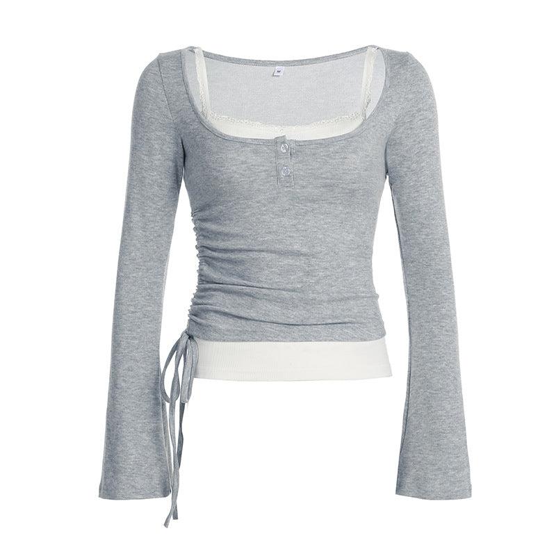 Double layer ruched side long sleeve top with lace-trimmed tank and adjustable side ties for a chic and comfortable style