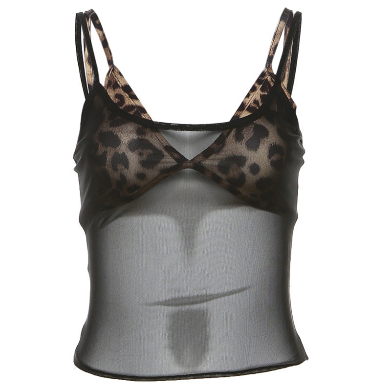 Double-layered tank top featuring a leopard print inner layer and sheer black mesh overlay with delicate double straps.

