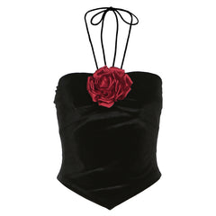 Black Velvet Halter Top with Red Rose Embellishment