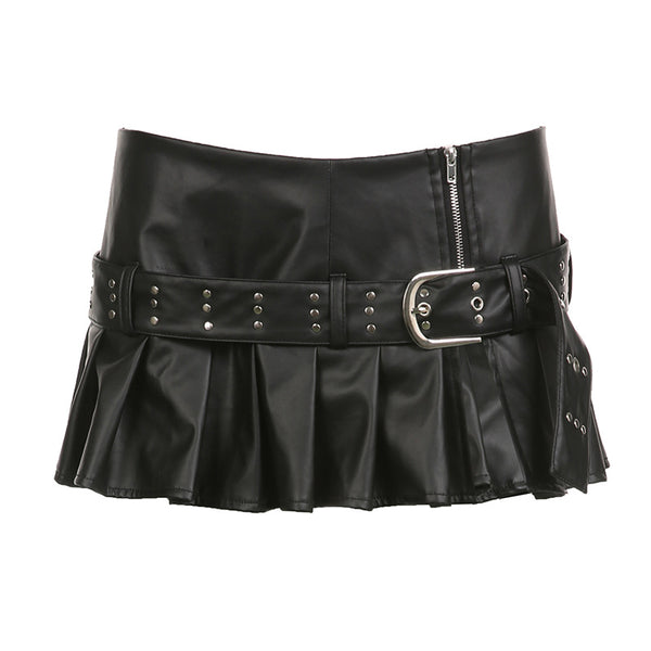 Faux leather pleated mini skirt with studded belt and zipper closure, perfect for edgy and bold styling.