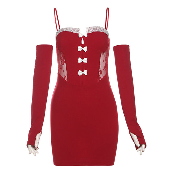 A festive red bodycon dress with lace details, white bows, and detachable sleeves, perfect for Christmas celebrations.