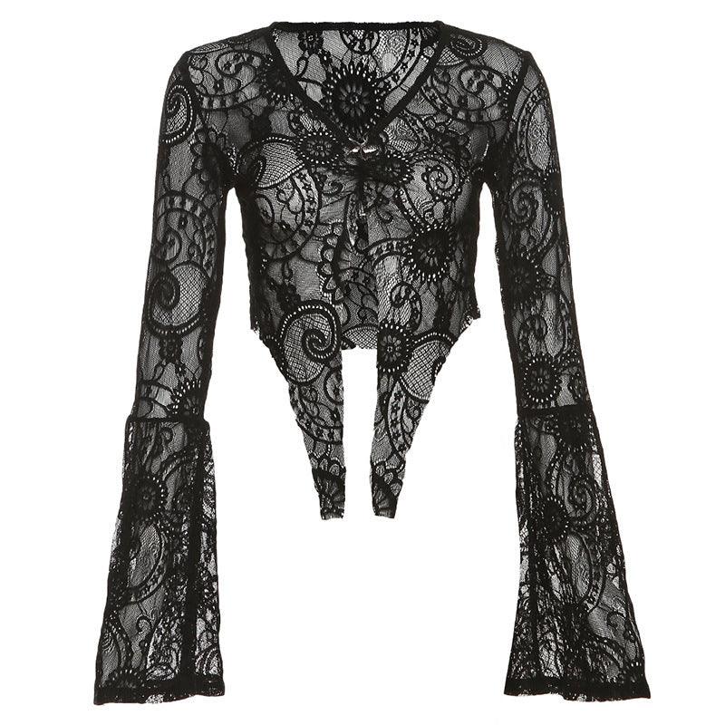 Flared sleeve lace cardigan with a dark, gothic-inspired design, perfect for parties and night events.