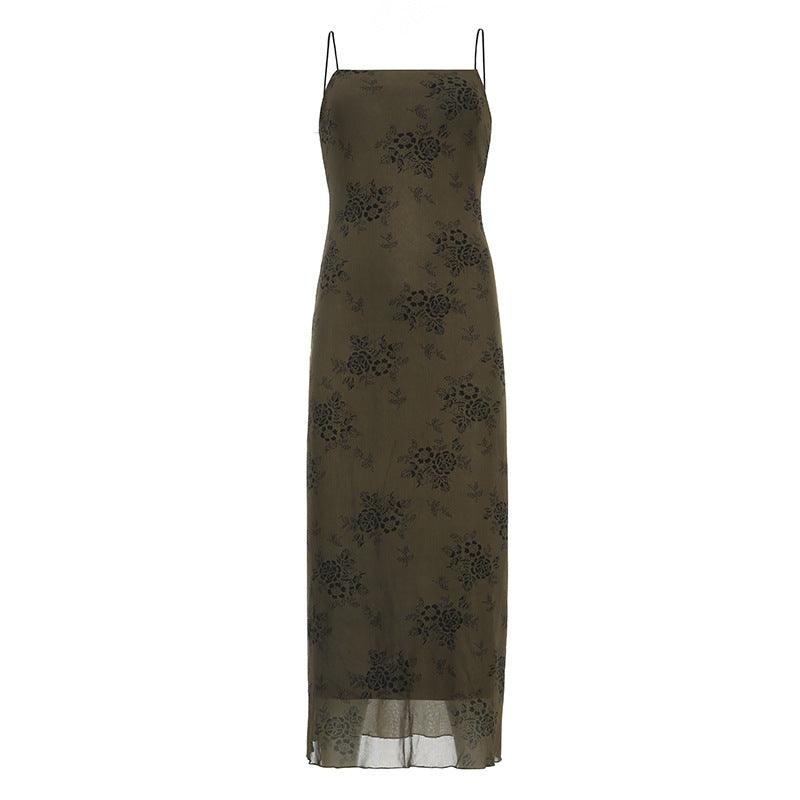 Floral flocked mesh slip maxi dress in olive green with a delicate floral pattern.