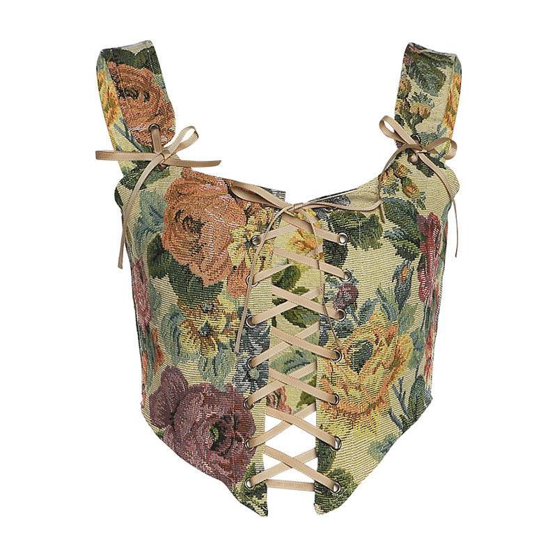 Floral tie front corset cami with adjustable straps, ideal for casual and special occasions.