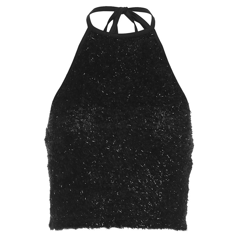 Glittery halter neck fuzzy crop top with a tie-back design, perfect for a chic and stylish evening look.