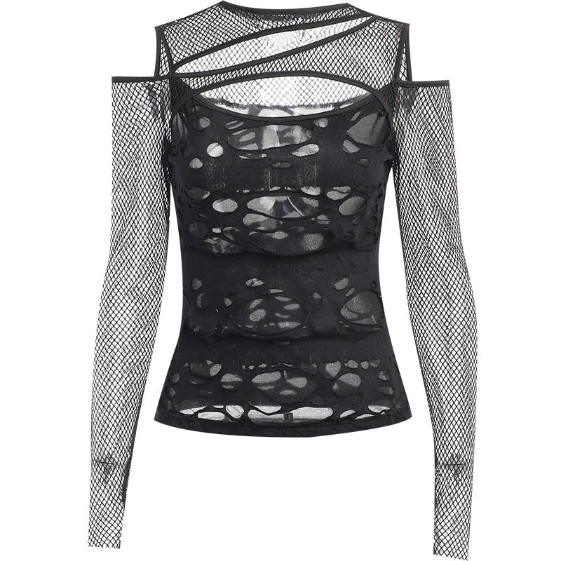 Gothic cutout mesh top with distressed detailing, fishnet sleeves, and cold shoulder design, perfect for alternative fashion lovers.