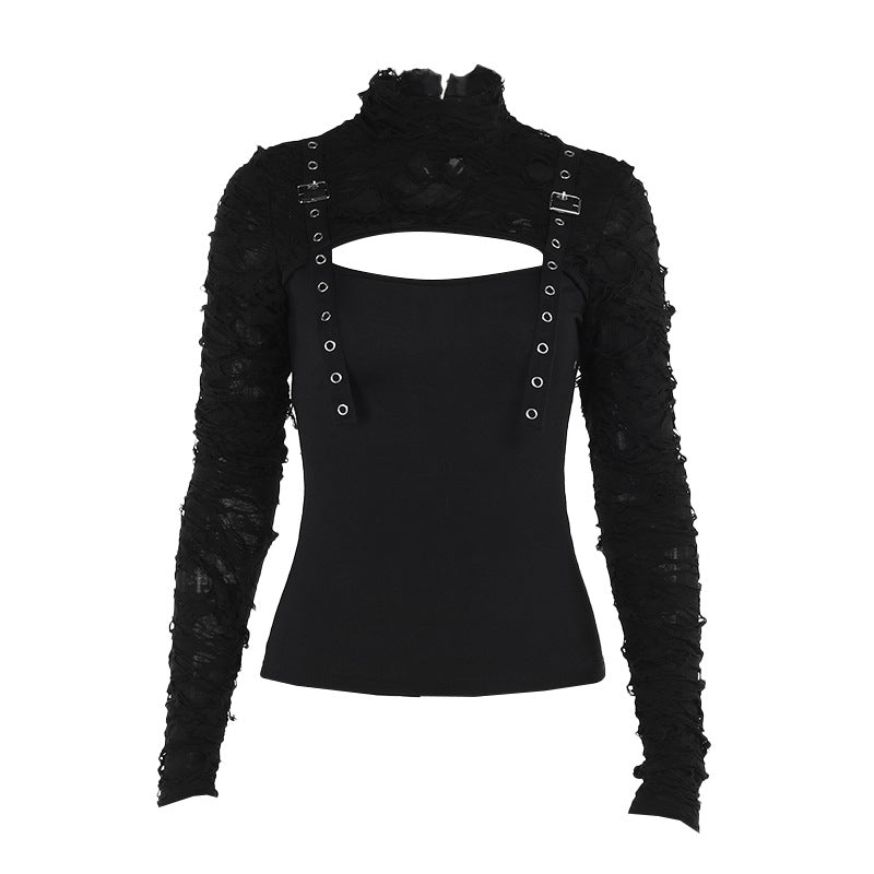 Black high-neck gothic top with cutout detail, ruffled textured sleeves, and grommet straps for a bold and edgy look.